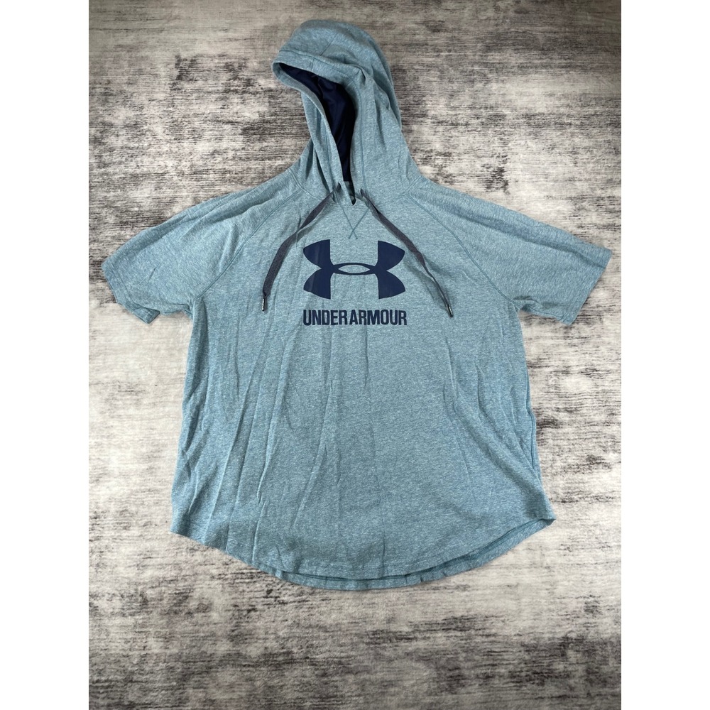 Under Armour Mens XL Short Sleeve Hoodie Blue Heathered Loose Fit Activewear